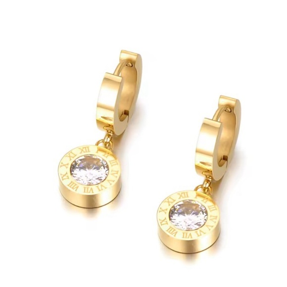 Luxurious Gold Roman Numeral Earrings Stainless Steel Alphabet Zirconia - Picture 2 of 5